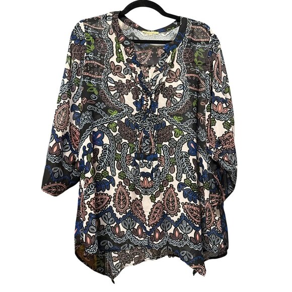 Democracy Womens XL Sheer Multicolor Boho Button-Front Tunic Top 3/4 Sleeves - Picture 1 of 8